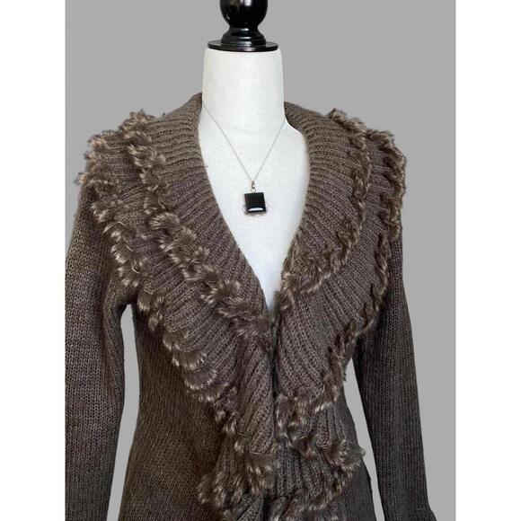 Brown Wool Blend Cardigan with Faux Fur Trim Ruffles! - Picture 3 of 7